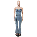 Bandeau Tight Slim Stretch Washed Denim Strapless Wide Leg Jumpsuit