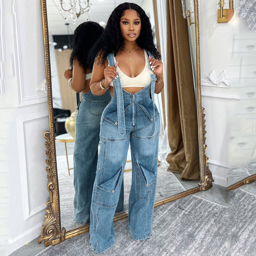 Solid Color Zipper Spaghetti Strap Sleeveless Denim Wide Leg Jumpsuits