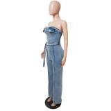 Bandeau Tight Slim Stretch Washed Denim Strapless Wide Leg Jumpsuit