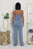 Bandeau Tight Slim Stretch Washed Denim Strapless Wide Leg Jumpsuit
