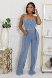 Bandeau Tight Slim Stretch Washed Denim Strapless Wide Leg Jumpsuit