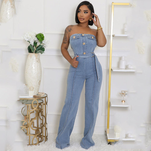 Bandeau Tight Slim Stretch Washed Denim Strapless Wide Leg Jumpsuit