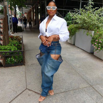 Ripped Washed Denim Hollow Straight Overalls Women's Loose Y2k Elastic Jean