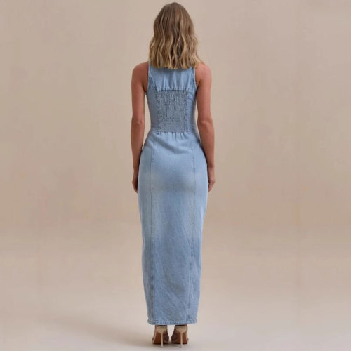 Casual Washed Denim Single Breasted Tie-Dye Back Long Dress
