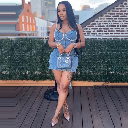 Casual Washed Denim Blue Diamond Embellished Straps Bustier Dress