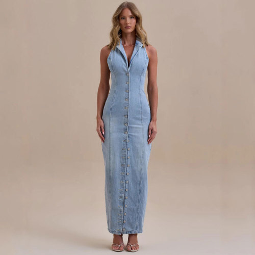 Casual Washed Denim Single Breasted Tie-Dye Back Long Dress