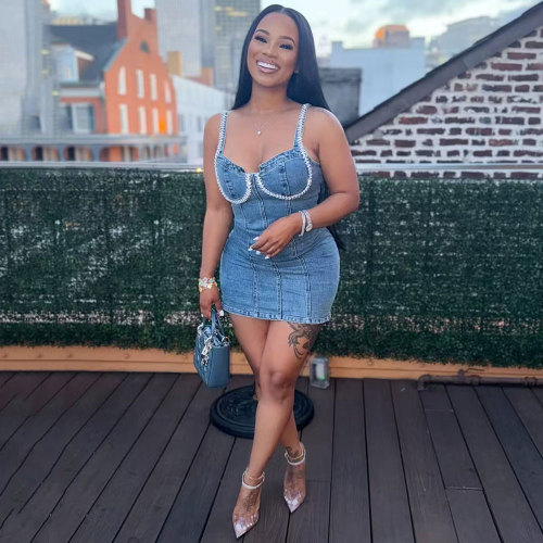 Casual Washed Denim Blue Diamond Embellished Straps Bustier Dress