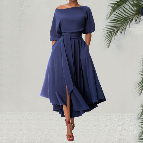 Bandage Women Waist Dress Solid Loose Half Sleeve Ankle-Length Dresses