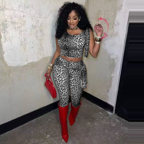 Y2K Cheetah Print Lady 2 Piece Set Sleeveless Leopard Cropp Top Bodycon Pant