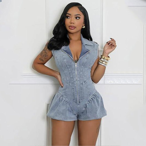 Denim Sleeveless Stretch Bloomers Romper Short Skirt