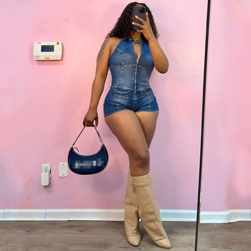 Distressed Clothing Denim Stretch Sleeveless Vest Shorts Playsuit