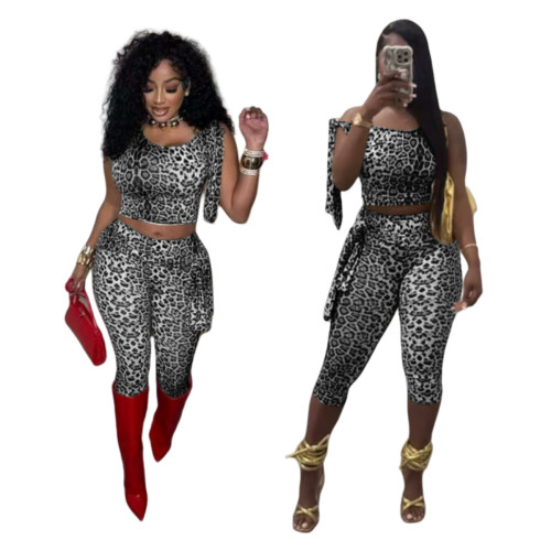 Y2K Cheetah Print Lady 2 Piece Set Sleeveless Leopard Cropp Top Bodycon Pant