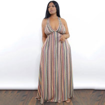 Women's Striped Print Straps V Neck Long Dresses