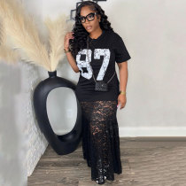 Casual Digital Lace O Neck Long Dresses