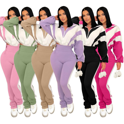 Contrast Color Stitching Sports Zipper Jacket & High Waist Trousers