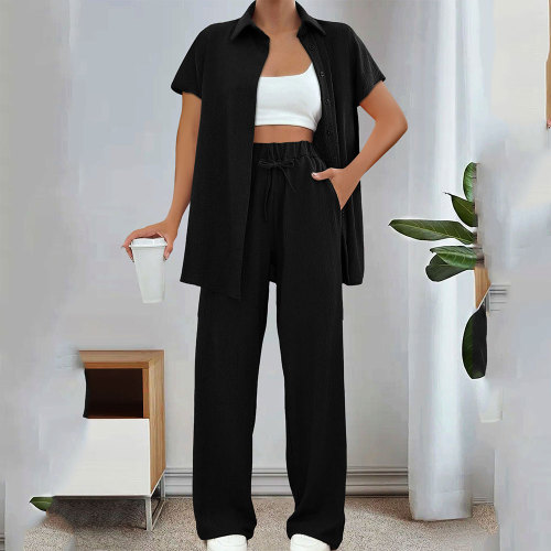 Solid Color Short Sleeve Cardigan Trousers Two Piece Outfits