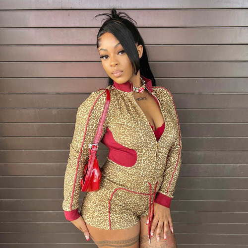 Women 2 Piece Set Tracksuit Leopard Print Contrast Color Short Set
