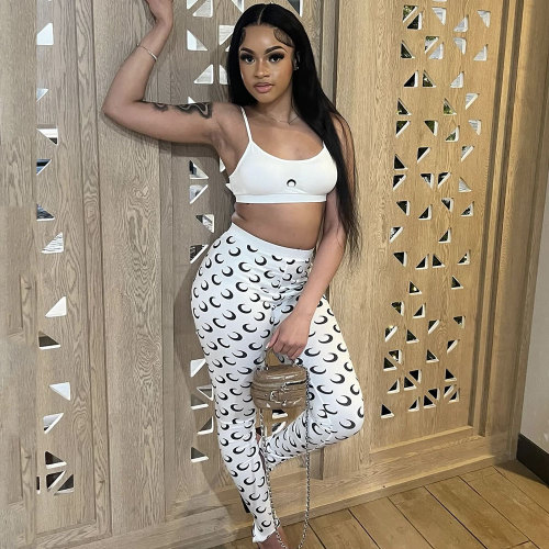 Moon Print Stretch Straps Sleeveless Vest Top & Trousers