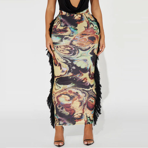 Casual Tassel Printed Maxi Skirt