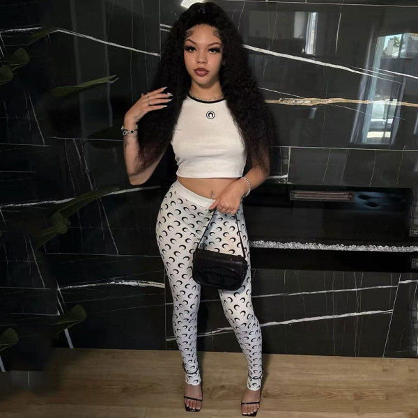 Moon Print Stretch Slim Sexy Shorts Top # Long Pant