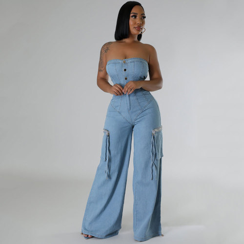Casual Overalls Tube Top Women's Denim Strapless Jumpsuit