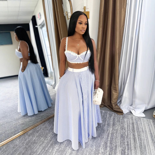 Fashion Lace Stitching Camisole High Waist Skirt Two Piece Set