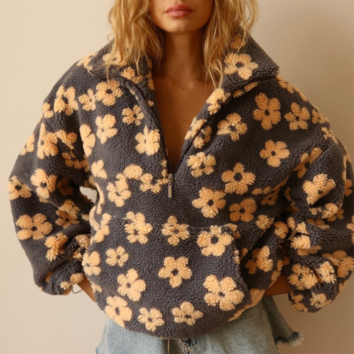 2025 Spring Faux Lambswool Print Loose Zipper Sweatshirt Long Sleeve Top
