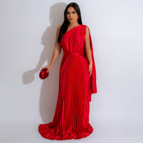 Red One Shoulder Slant Collar Pleated Maxi Dress