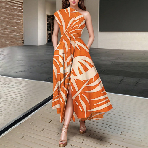 Casual Print Pocket Oblique Collar Long Dresses