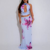 Sexy Cutout Bandage Halter Printed Skirt Set Sexy Cutout Bandage Halter Printed Skirt Set