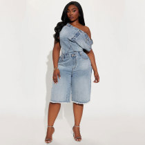 Casual Fashion Strapless Single Shoulder Slim Fit Denim Rompers