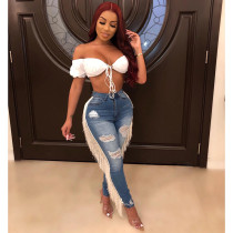 Women's Ripped Cut Out Destroyed Frayed Tassels Distressed Denim Jeans