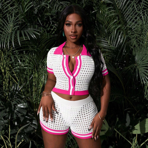 Casual Buckle Contrast Turndown Collar Short Sleeve Two Pieces