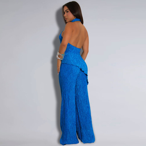 Women Casual Halter Backless Top and Wide-leg Pants Two-piece Set
