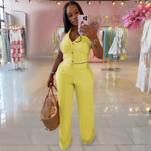 Summer 2 Piece Outfits Dressy Halter V Neck Crop Tops Blazer Vest Pants Sets