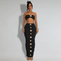 Fashion Breasted Strapless Top Long Skirt 2pcs Set Fashion Breasted Strapless Top Long Skirt 2pcs Set