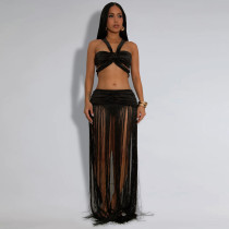 Solid Color Straps Ruched Tassels Skirt Set Solid Color Straps Ruched Tassels Skirt Set