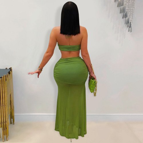 Sexy Strapless Tube Top Pleated Mesh Long Skirt Set