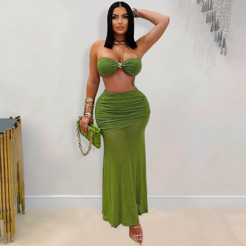 Sexy Strapless Tube Top Pleated Mesh Long Skirt Set