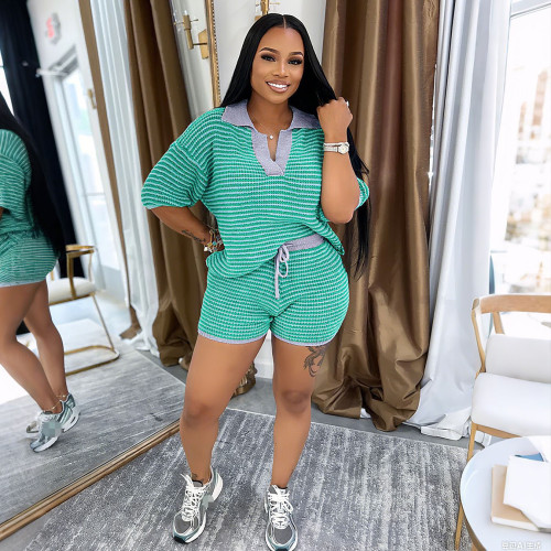 Color Contrast Mid-sleeve V-neck Striped Knitted Top High Wwaist Shorts Set