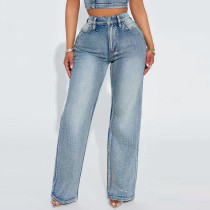 Rhinestone Straight Jeans Versatile Casual Denim Trousers