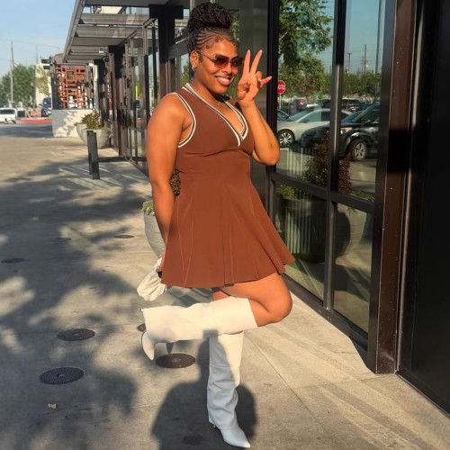 Solid Color Sleeveless Stripe V-Neck Flare Mini Dress