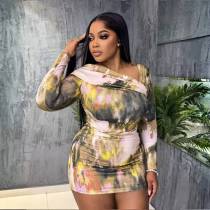 Women's Floral Print Long Sleeve Bodycon Mini Dress