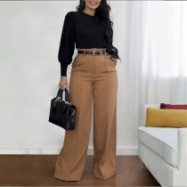 Casual Solid Color Loose Mid Waist Conventional Patchwork Bottoms Casual Solid Color Loose Mid Waist Conventional Patchwork Bottoms