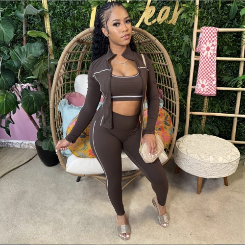 3-Piece Set Tank Top Zipper Thumb-Clutch Long Sleeves and Skinny Pants