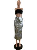 Black Mid-length PU Buckle Slit Leather Skirts Casual Leather Skirt with Belt