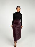 Black Mid-length PU Buckle Slit Leather Skirts Casual Leather Skirt with Belt