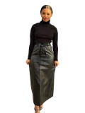 Black Mid-length PU Buckle Slit Leather Skirts Casual Leather Skirt with Belt