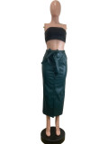 Black Mid-length PU Buckle Slit Leather Skirts Casual Leather Skirt with Belt