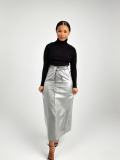 Black Mid-length PU Buckle Slit Leather Skirts Casual Leather Skirt with Belt